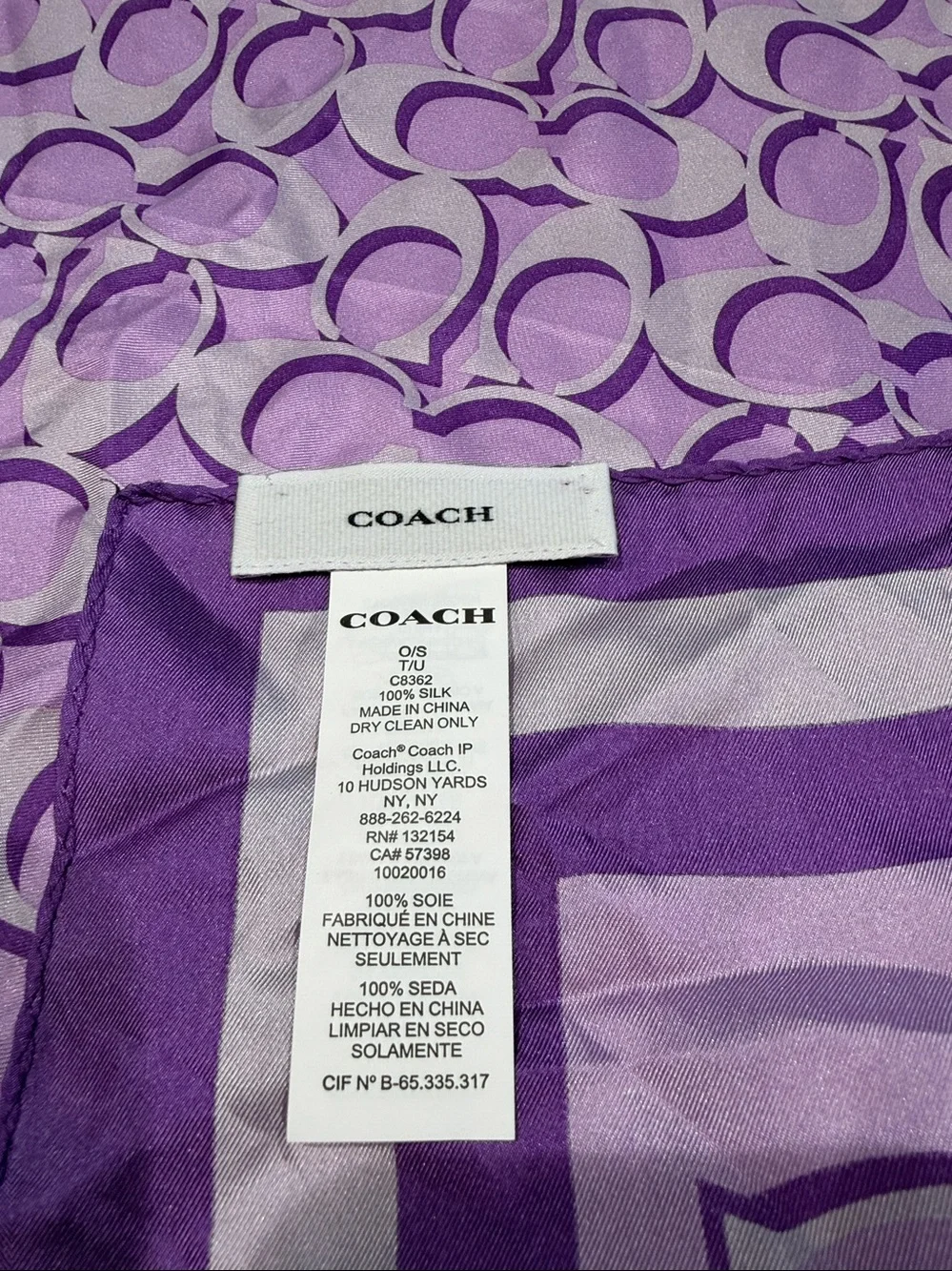 Coach Lavender & Deep Purple Signature Logo oversized silk scarf.